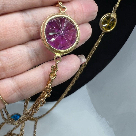 Vintage Judy Lee Gold Hue Colorful Cut Glass 50”L Necklace - Picture 7 of 8